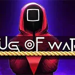 빨간 후드와 검은색 가면을 쓴 인물이 중앙에 있으며, 그 앞에 로프와 Tug of War 텍스트가 배치된 이미지