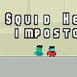 픽셀 아트 스타일의 두 캐릭터가 흰색 배경 앞에 서 있으며, 상단에 Squid Hero Impostor라는 텍스트가 표시되어 있다