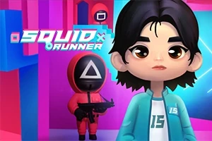 애니메이션 스타일의 소년과 빨간 복장을 입고 삼각형 얼굴 마스크를 쓴 경비원이 있는 장면