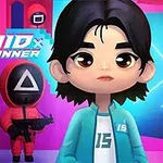 애니메이션 스타일의 소년과 빨간 복장을 입고 삼각형 얼굴 마스크를 쓴 경비원이 있는 장면