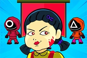 두 개의 기하학적 모양이 그려진 가면을 쓴 두 사람과 중앙에 위치한 소녀 모습의 만화 캐릭터