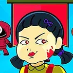 두 개의 기하학적 모양이 그려진 가면을 쓴 두 사람과 중앙에 위치한 소녀 모습의 만화 캐릭터