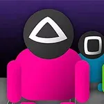 세 명의 인물이 삼각형, 사각형, 원형의 기호가 그려진 검은 원형 얼굴을 가지고 각각 분홍색, 파란색, 녹색 의상을 입고 있는 모습