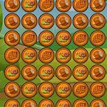 나무 배경 위에 다양한 동물과 물건이 그려진 주황색 원형 아이콘들로 가득 찬 격자 모양 배열