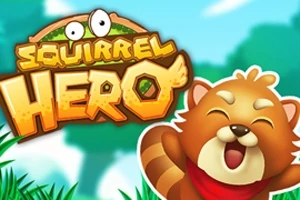 웃고 있는 귀여운 너구리 캐릭터와 Squirrel Hero라는 글자가 함께 있는 이미지