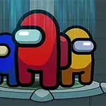 파란색, 빨간색, 노란색 캐릭터들이 원형 플랫폼 위에 서 있는 모습