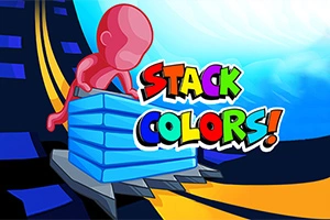 색색의 글자 STACK COLORS와 함께 푸른색 블록을 나르는 빨간 실루엣 캐릭터