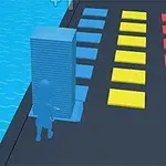 색색의 글자 STACK COLORS와 함께 푸른색 블록을 나르는 빨간 실루엣 캐릭터