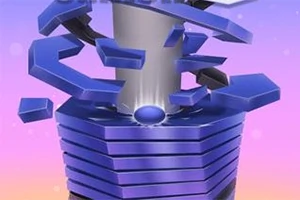 보라색의 층층이 쌓인 기둥과 위쪽에 회전하는 파란색 조각들이 있는 추상적인 이미지