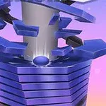 보라색의 층층이 쌓인 기둥과 위쪽에 회전하는 파란색 조각들이 있는 추상적인 이미지