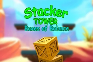 밝고 화려한 배경에 나무 상자 두 개가 쌓여 있으며, 상단에 초록색으로 Stacker Tower Boxes of Balance라는 글자가 있다