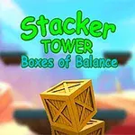 밝고 화려한 배경에 나무 상자 두 개가 쌓여 있으며, 상단에 초록색으로 Stacker Tower Boxes of Balance라는 글자가 있다