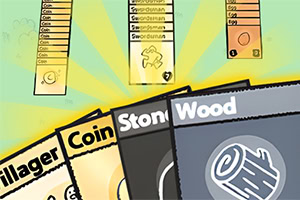 여러 장의 카드가 펼쳐져 있으며, 각 카드에는 Villager, Coin, Stone, Wood 등의 단어가 쓰여 있고, 배경에는 노란색 광선이 퍼져 있는 모습