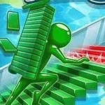 초록색 막대를 들고 계단을 오르는 초록색 스틱맨