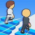 두 캐릭터가 파란 계단을 올라가고 있는 그림