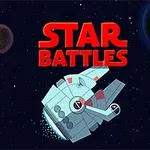우주 배경에 행성들이 보이며 중앙에 우주선이 있고, 위쪽에 STAR BATTLES라는 글자가 있습니다