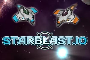 우주 공간 배경에 두 개의 전투기가 날고 있으며, 아래쪽에 STARBLAST