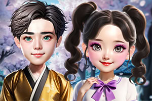 두 명의 귀여운 만화 스타일 캐릭터가 배경의 벚꽃과 함께 그려져 있으며, 소년은 금색 전통 의상을 입고 있고 소녀는 보라색 나비넥타이를 착용하고 있다