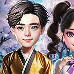 두 명의 귀여운 만화 스타일 캐릭터가 배경의 벚꽃과 함께 그려져 있으며, 소년은 금색 전통 의상을 입고 있고 소녀는 보라색 나비넥타이를 착용하고 있다