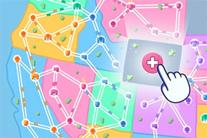 지도 위에 연결된 노드들과 노드들 사이를 잇는 선들이 있으며, 손 모양 아이콘이 플러스 기호를 가리키고 있다