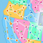 지도 위에 연결된 노드들과 노드들 사이를 잇는 선들이 있으며, 손 모양 아이콘이 플러스 기호를 가리키고 있다