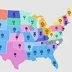 미국 지도에 다양한 색상과 기호로 표시된 각 주의 분포