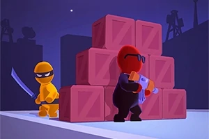 노란색 캐릭터가 칼을 들고, 빨간색 캐릭터가 상자 옆에서 무언가를 들고 있는 모습