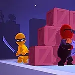 노란색 캐릭터가 칼을 들고, 빨간색 캐릭터가 상자 옆에서 무언가를 들고 있는 모습