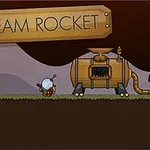 증기 로켓과 작은 로봇이 있는 풍경의 일러스트 이미지