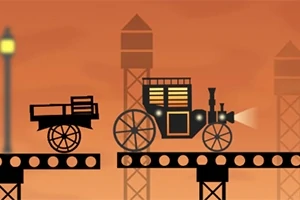 증기 기관차와 마차가 기둥 위에 서 있는 장면