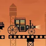 증기 기관차와 마차가 기둥 위에 서 있는 장면