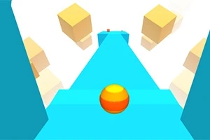 밝은 파란색 길 위에 주황색과 노란색 줄무늬 공이 있는 그래픽 이미지