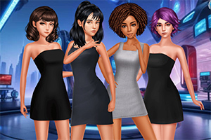 네 명의 여성이 다양한 색상의 드레스를 입고 미래적인 배경 앞에 서 있는 모습