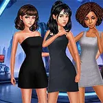 네 명의 여성이 다양한 색상의 드레스를 입고 미래적인 배경 앞에 서 있는 모습