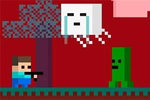 픽셀 아트 스타일의 이미지로, 한 사람이 총을 들고 나무 옆에서 하얀색 떠 있는 생물과 초록색 생물을 마주하고 있습니다