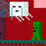 픽셀 아트 스타일의 이미지로, 한 사람이 총을 들고 나무 옆에서 하얀색 떠 있는 생물과 초록색 생물을 마주하고 있습니다