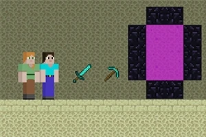 두 블록 캐릭터가 검과 곡괭이를 들고 보라색 포탈 앞에 서 있는 장면