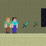 두 블록 캐릭터가 검과 곡괭이를 들고 보라색 포탈 앞에 서 있는 장면