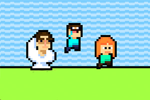 초록색 바닥과 파란색 물결무늬 배경 위에 세 명의 픽셀 아트 캐릭터가 서 있는 모습