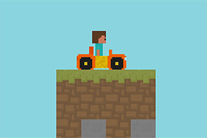 픽셀 아트 스타일의 인물이 잔디가 깔린 흙 블록 위에서 오렌지색 트랙터를 타고 있는 모습