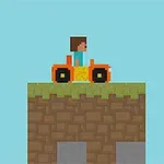 픽셀 아트 스타일의 인물이 잔디가 깔린 흙 블록 위에서 오렌지색 트랙터를 타고 있는 모습