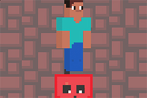 픽셀 스타일의 캐릭터가 빨간색 얼굴 모양의 도형 위에 서 있는 모습