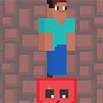 픽셀 스타일의 캐릭터가 빨간색 얼굴 모양의 도형 위에 서 있는 모습