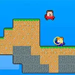 파란 배경의 픽셀 그래픽으로 캐릭터 두 명이 블록으로 구성된 플랫폼 위에 서 있다