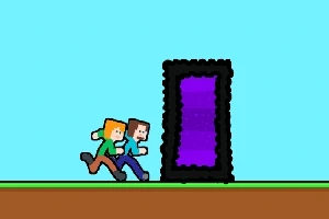 두 캐릭터가 보라색 포털을 향해 달려가는 모습