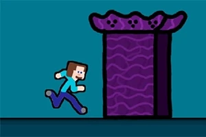 캐릭터가 보라색 포털 모양의 구조물 옆을 달리고 있는 장면