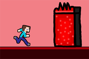 픽셀 스타일의 캐릭터가 핑크색 배경에서 불꽃이 올라오는 커다란 붉은 색 기둥으로 달려가고 있다