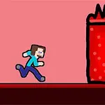 픽셀 스타일의 캐릭터가 핑크색 배경에서 불꽃이 올라오는 커다란 붉은 색 기둥으로 달려가고 있다