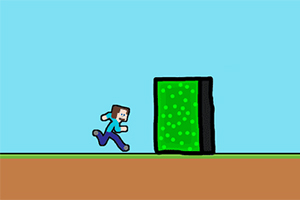 블록 스타일의 사람이 초록색 빛나는 벽을 향해 달려가는 모습