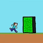블록 스타일의 사람이 초록색 빛나는 벽을 향해 달려가는 모습